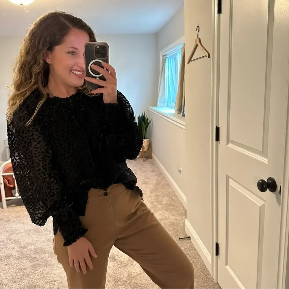 Anthropologie Shoshanna Black Brown Velvet Polka Dot Blouse Top Large